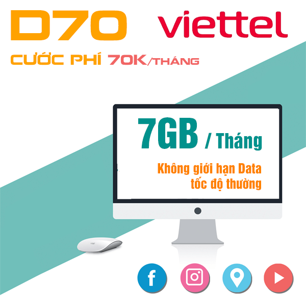 [Miễn phí tháng đầu] Sim Data 4G Viettel D70 mỗi tháng có 7GB/tháng