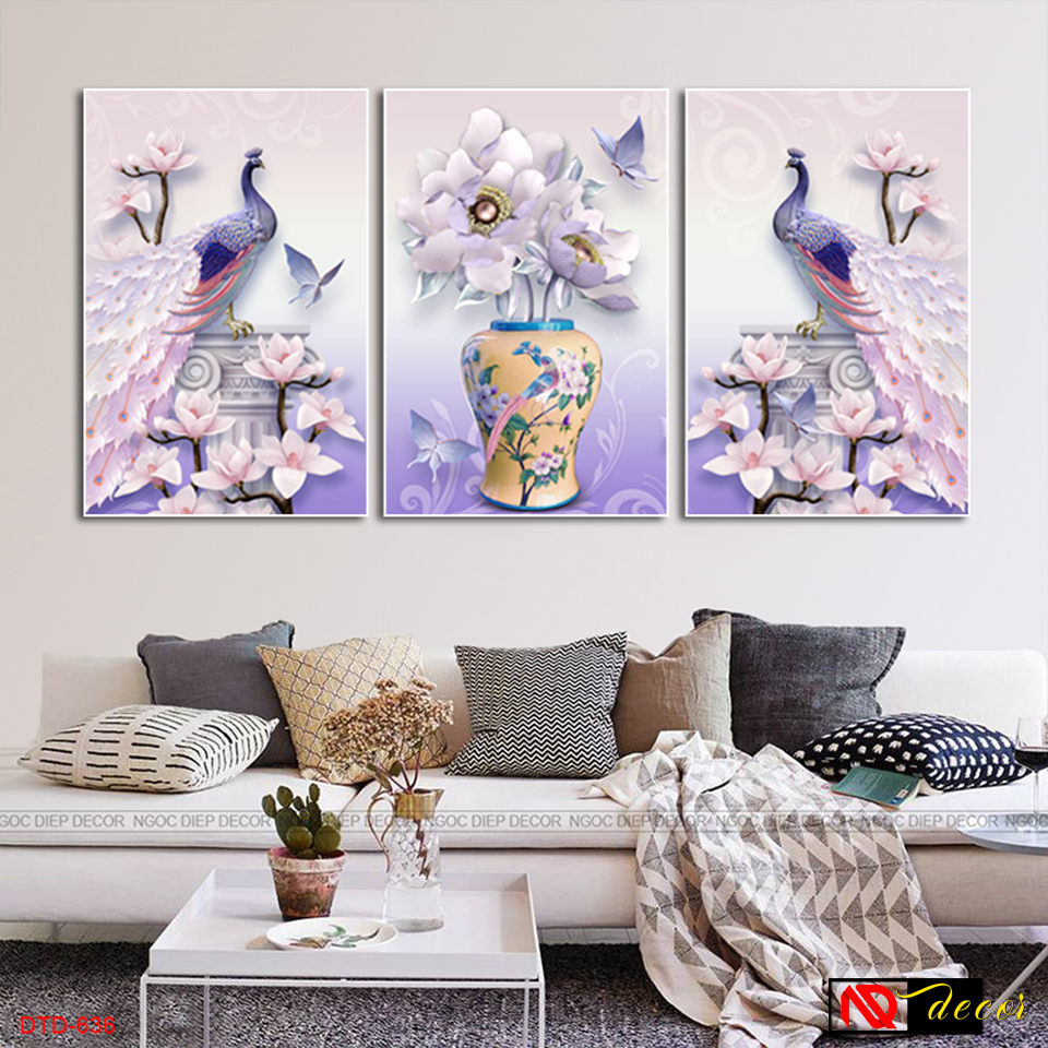 Bộ tranh dán tường phòng khách Chim Công bình bông -Trang décor phong cách hiện đại