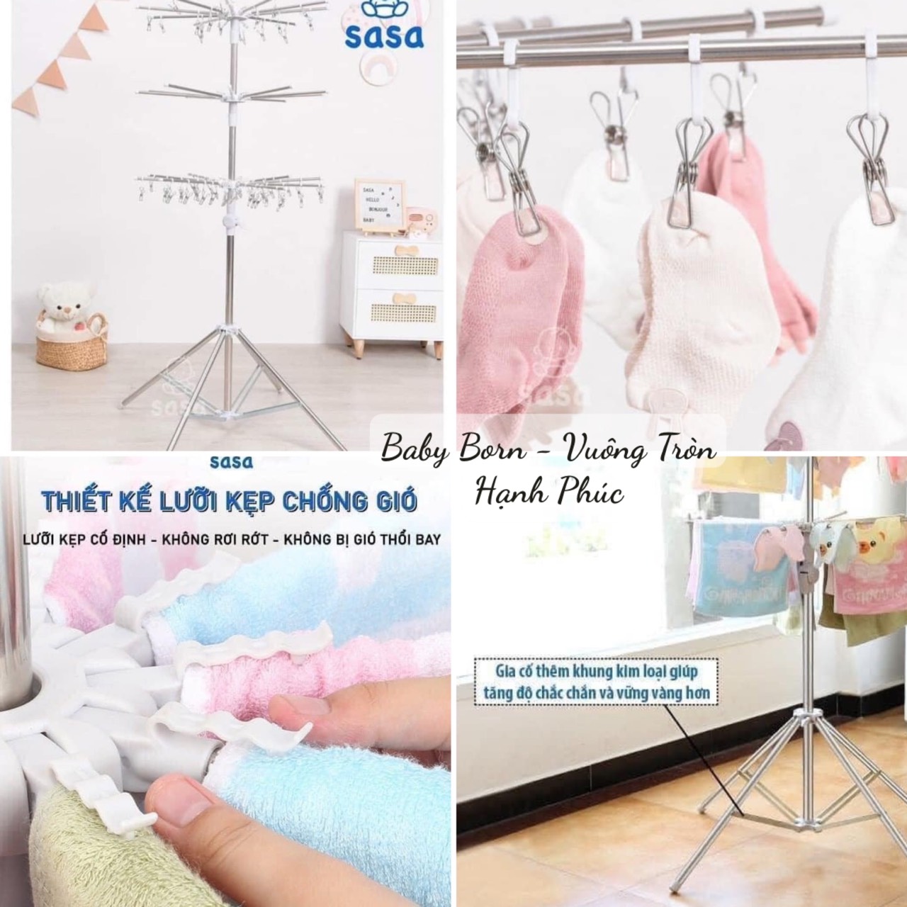 [MẪU MỚI CAO CẤP]- Cây sào phơi đồ inox thông minh gấp gọn đa năng 3 tầng 60 kẹp, treo đồ cho trẻ em, bé sơ sinh (Hàng loại 1)