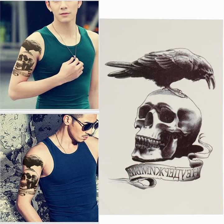 Tattoo stickers male bird skull size 15x21 cm, 100% as tattoo real