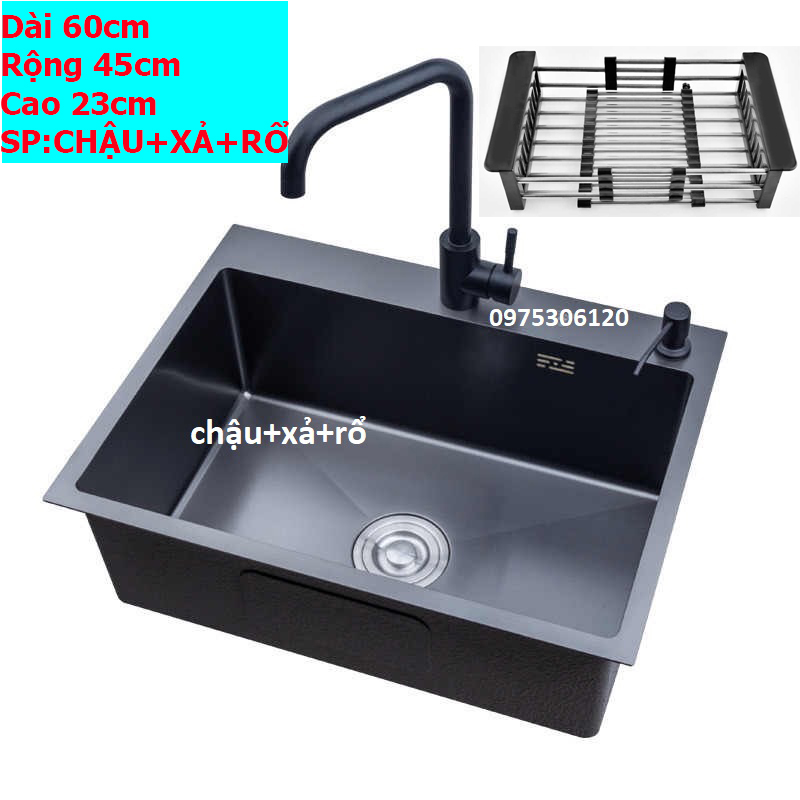 Combo Chậu Rửa Chén Bát CAO CẤP PHỦ NANO N17 6045 TRƠN NA.GRAND và Rổ Rút Đa Năng đựng trái cây và bộ xả chậu bồn rửa chén inox