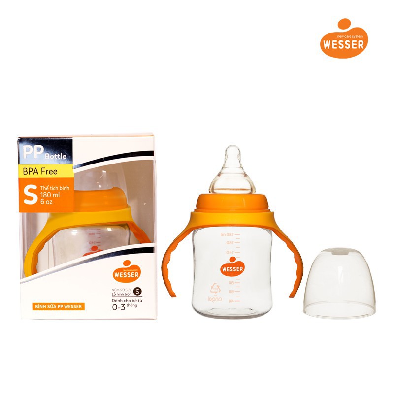 Bình Sữa Wesser Cổ Rộng PP Mẫu mới ( viền cam ) 180ml - 260m