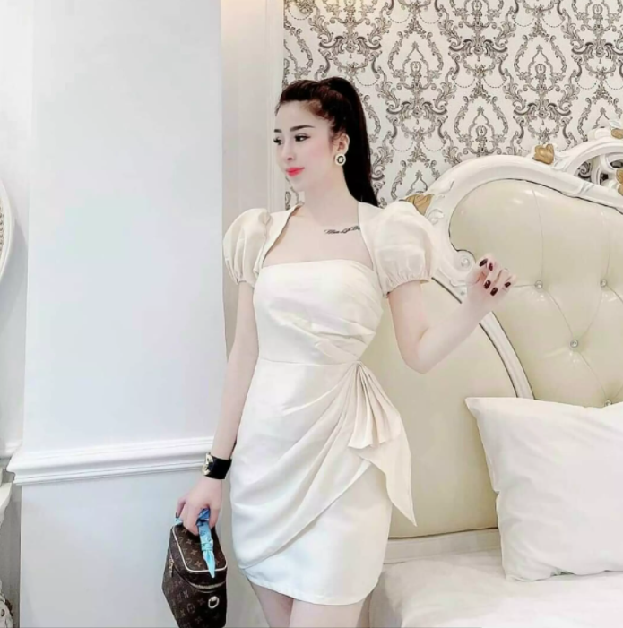 Đầm body dự tiệc tay búp cổ vuông eo đính bèo