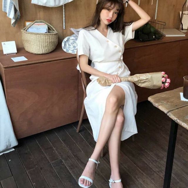 ĐẦM TRẮNG NÚT XÉO, CỔ V (có ảnh thật) MS97