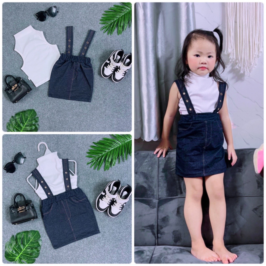 Set áo thun trắng kèm yếm dây xẻ đùi chất thun cotton co dãn thoải mái từ 9-25kg