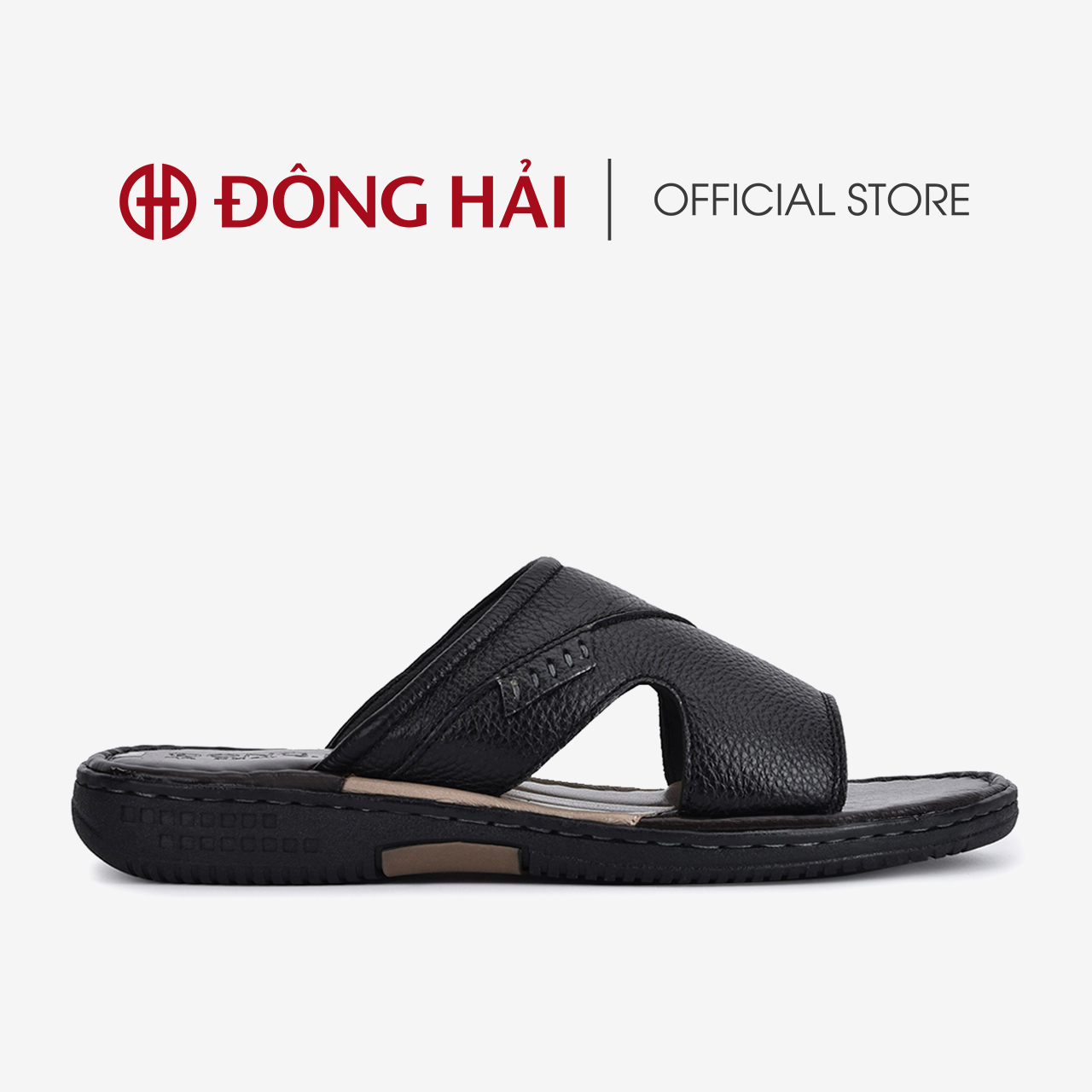 Dép quai ngang nam Đông Hải da bò đế cao su êm ái dập vân chống trượt - D1132