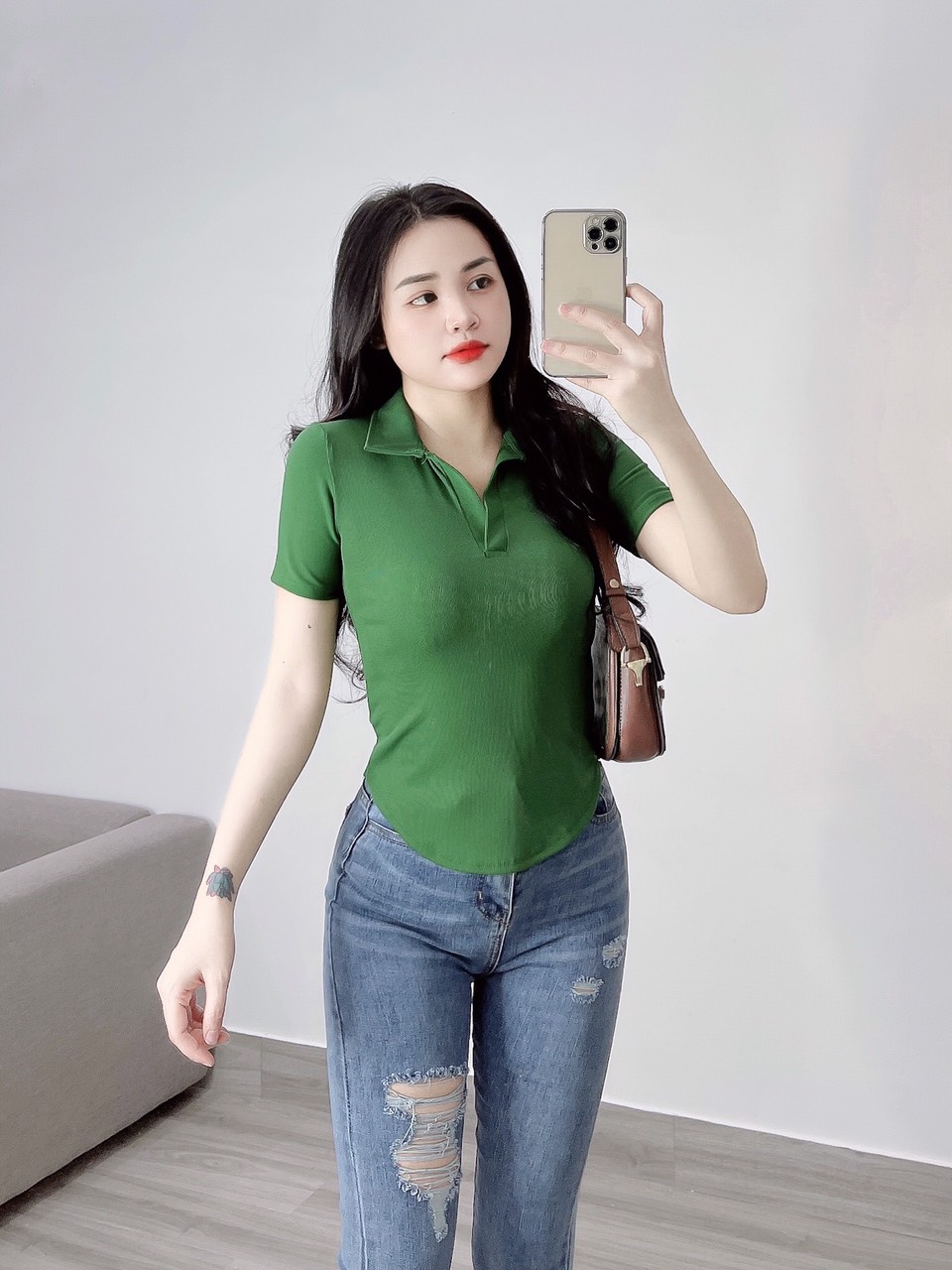 Áo thun polo nữ thun gân vạt bầu cổ bẻ