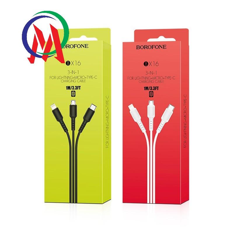[3in1] Cáp sạc 3 đầu Borofone BX16 dài 1m gồm 3 đầu lightning, micro USB, USB Type-C