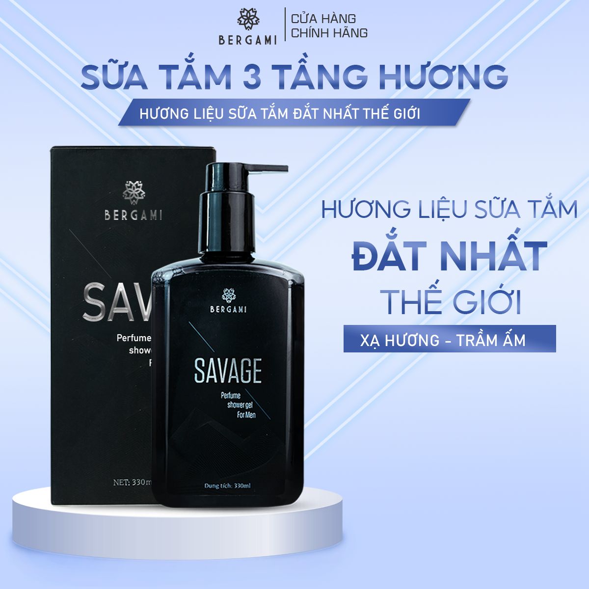 Sữa Tắm Nam Hương Nước Hoa Bergami Savage, Mùi GỖ SỒI Nam Tính, Sạch Khuẩn Tự Tin Thể Hiện Bản Lĩnh Lưu Hương 6H 330ml/chai