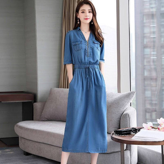 ĐẦM JEAN CỔ SƠ MI 2 TÚI