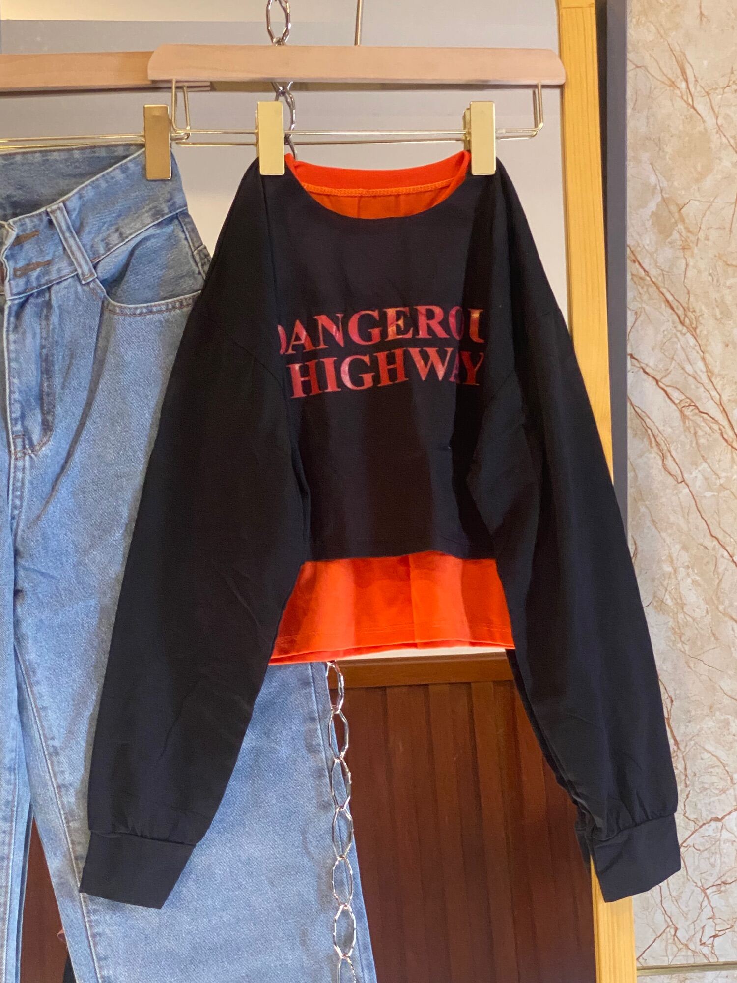 Set Baggy Jeans Ống Suông 2 Nút + Set 2 Món Dangerous