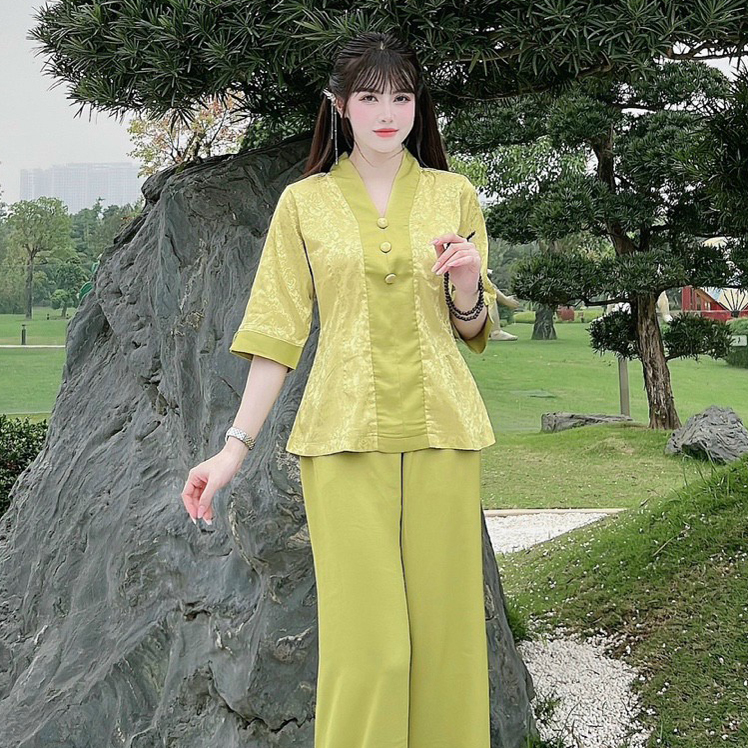 mẫu đồ lam đi chùɑ #bộ bà lai gấm phối lụa-pháp phục đồ lam