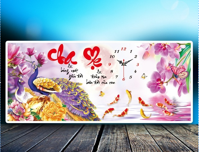Tranh đính đá đồng hồ cha mẹ kt 110x50 cm
