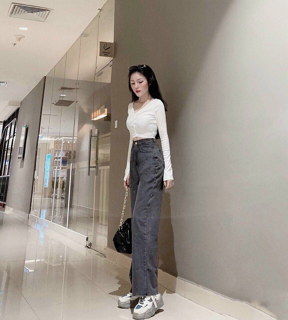 Quần jean Nữ Suông Xám Đen Hottrending