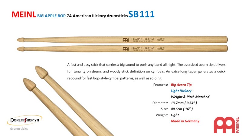 MEINL BIG APPLE BOP 7A American Hickory drumsticks SB111
