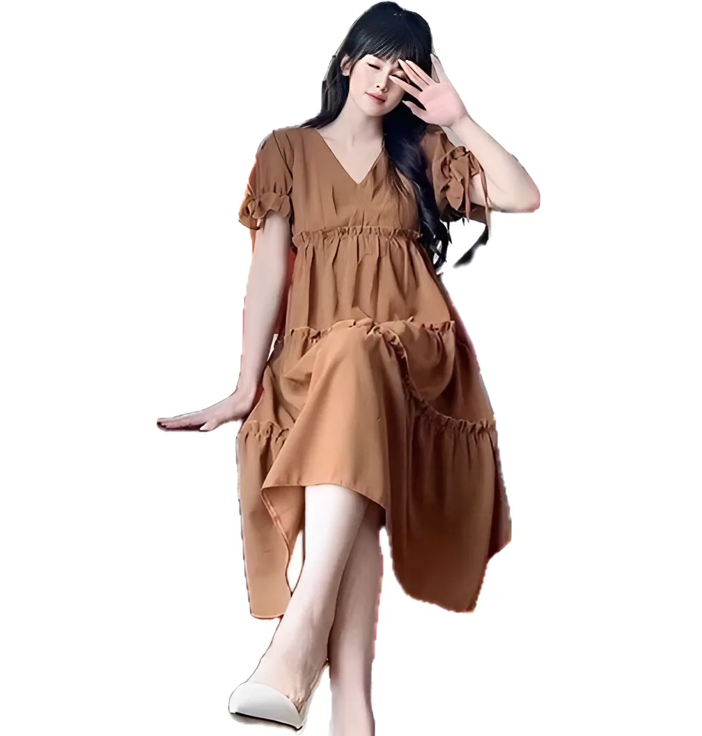 (Đủ size từ 45-100kg)Váy bầu bigsize màu nâu cổ V