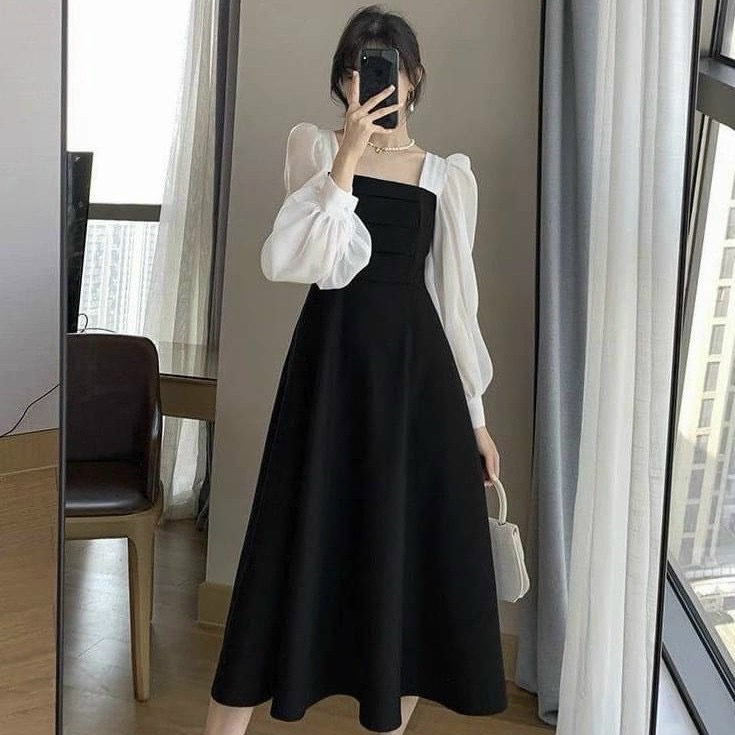 Đầm đen phối trắng tay dài