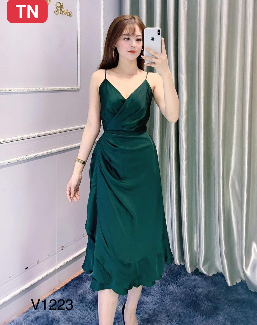 Đầm 2 dây lụa nhún sườn-QH
