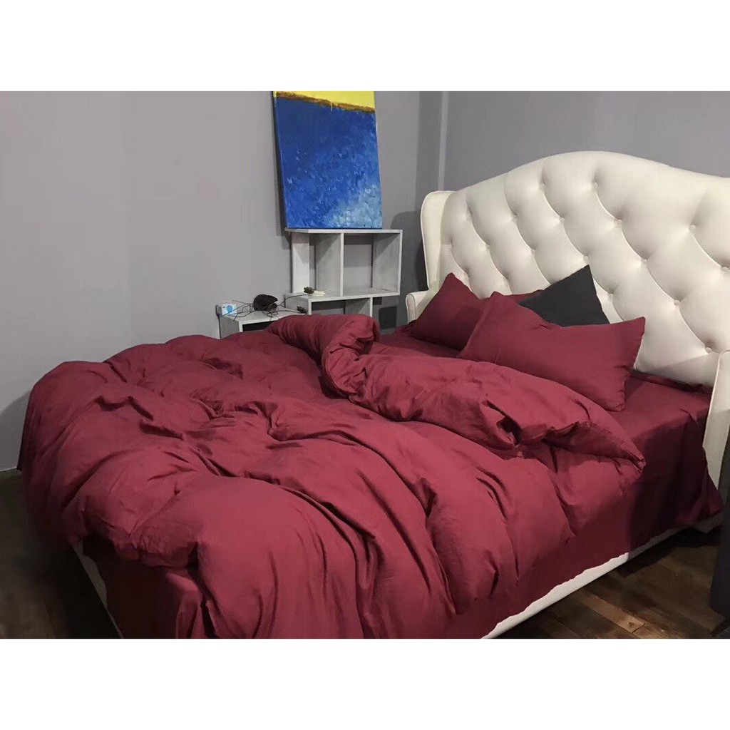 Bộ vỏ chăn ga gối Cotton đũi tici ( Màu đỏ đô )
