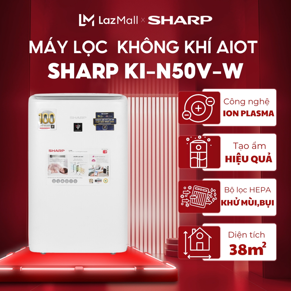 Máy lọc không khí tạo ẩm Sharp KI-N50V-W | Máy bù ẩm tạo ion Sharp KI-N50V kết nối điện thoại thông minh | Bộ lọc Hepa khử mùi và bụi thô