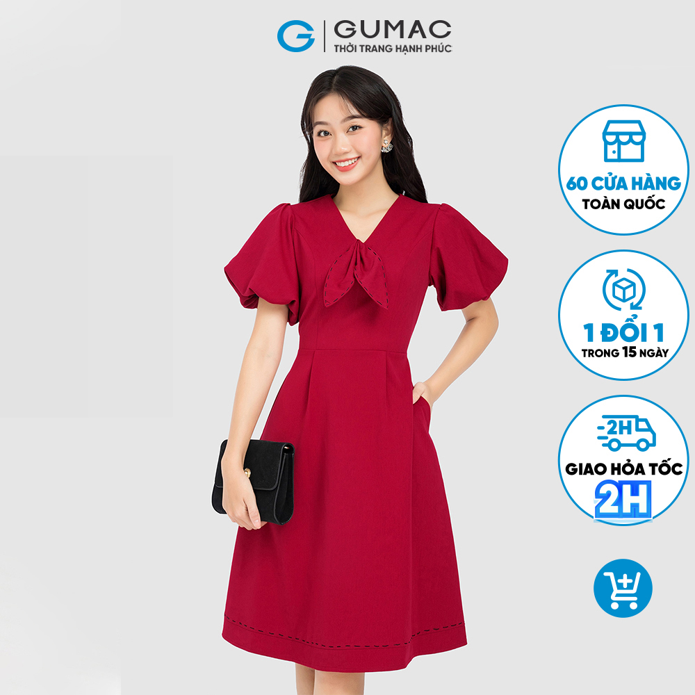 Đầm form A GUMAC, đầm nơ cổ phối chỉ DC08037