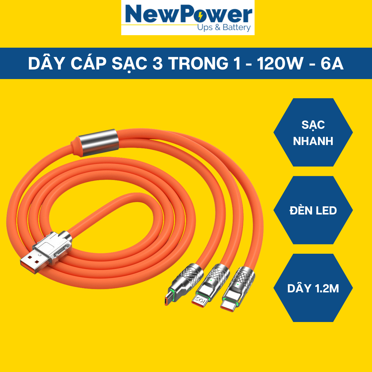 Dây cáp sạc iphone, type C, micro USB, cáp sạc 3 đầu 120W, 6A