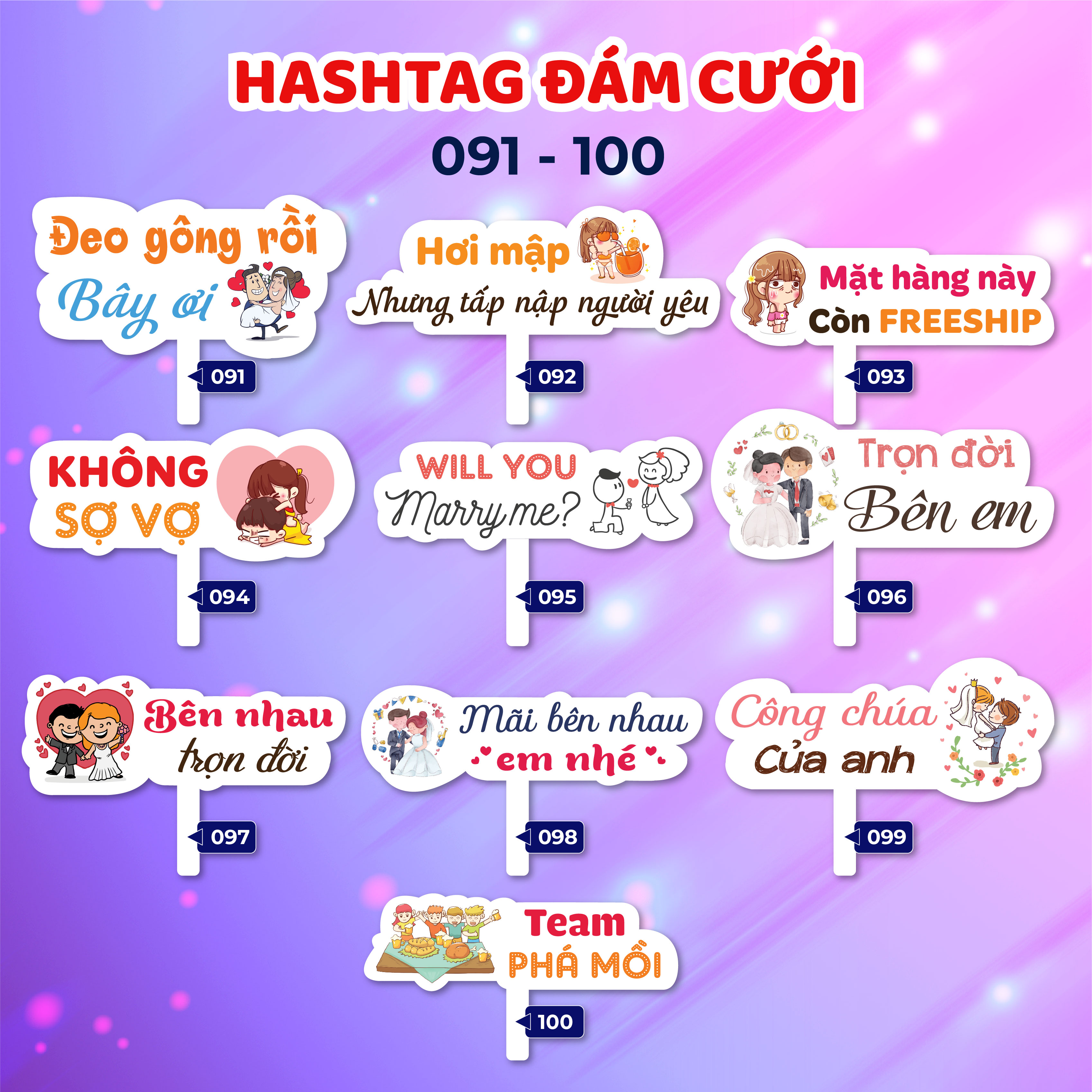 Bảng hashtag cầm tay chụp hình đám cưới (MS 081 - 100)