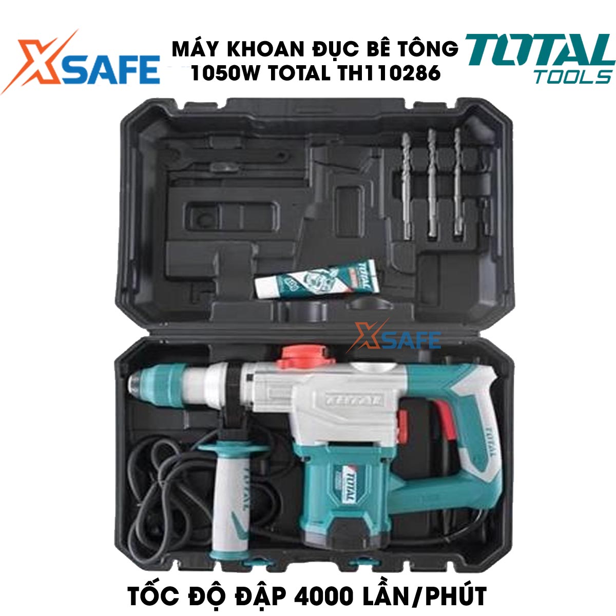 Machine drill chisel concrete 1050W TOTAL TH110286 bundled 3 drill bit Tuck and 2 tip chisel. Machine drill chisel hand have no-load 0 - 900 rpm/min, speed hammer 0 - 4000 times/min, genuine warranty 6 months-product genuine XSAFE