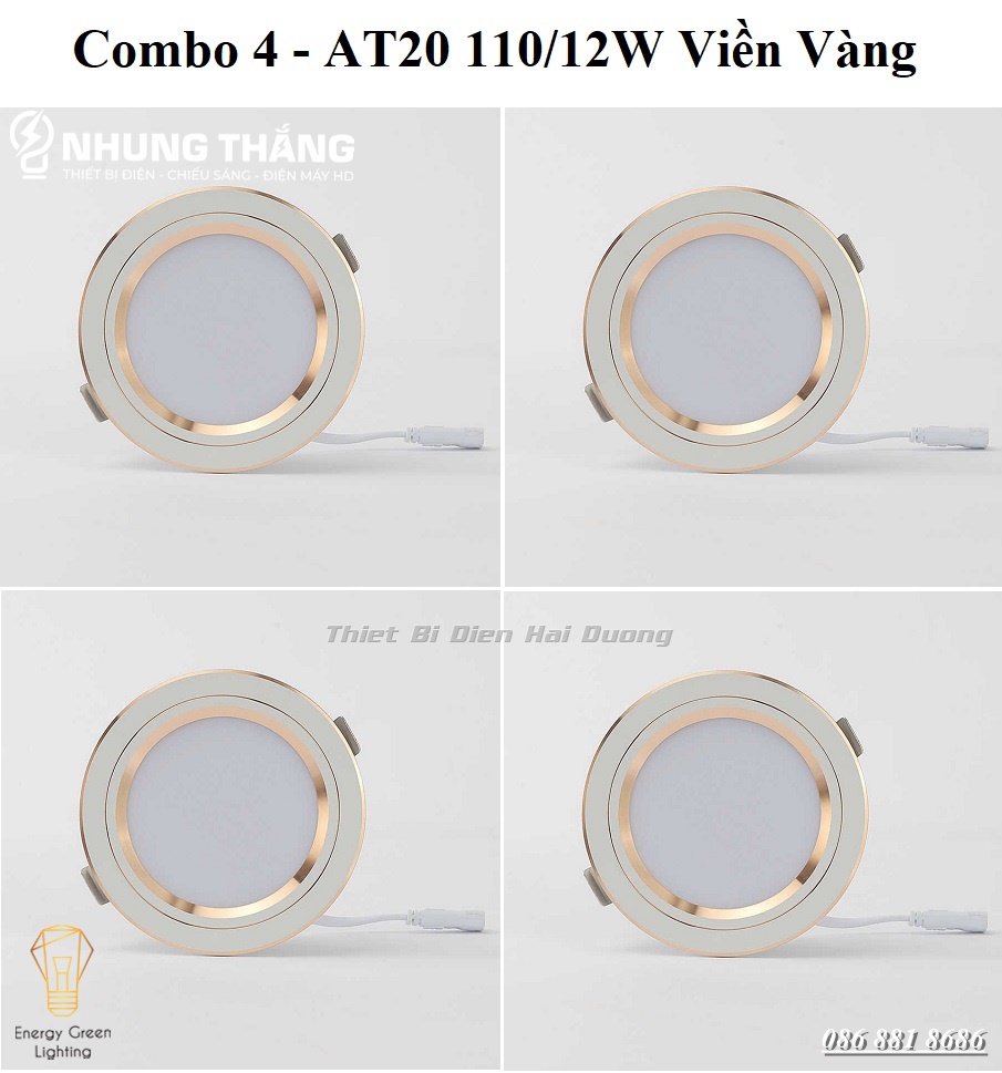 Combo 4 Đèn LED Downlight Âm Trần 3 Chế Độ Rạng Đông AT20 ĐM 110/12W - Viền Vàng - Bảo hành 2 năm - CÓ VIDEO