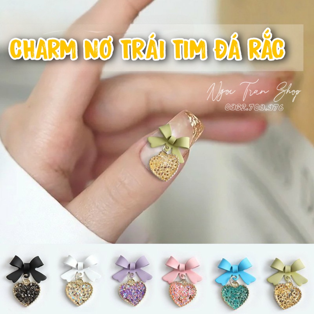 Charm Nơ Tim Đá Rắc Treo Rung Rinh Đính Móng