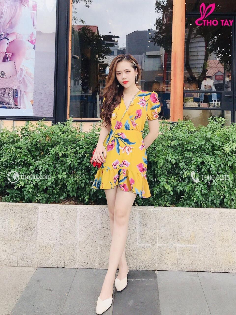 Sét đầm voan lụa cổ chữ V,lai đuôi cá-QH
