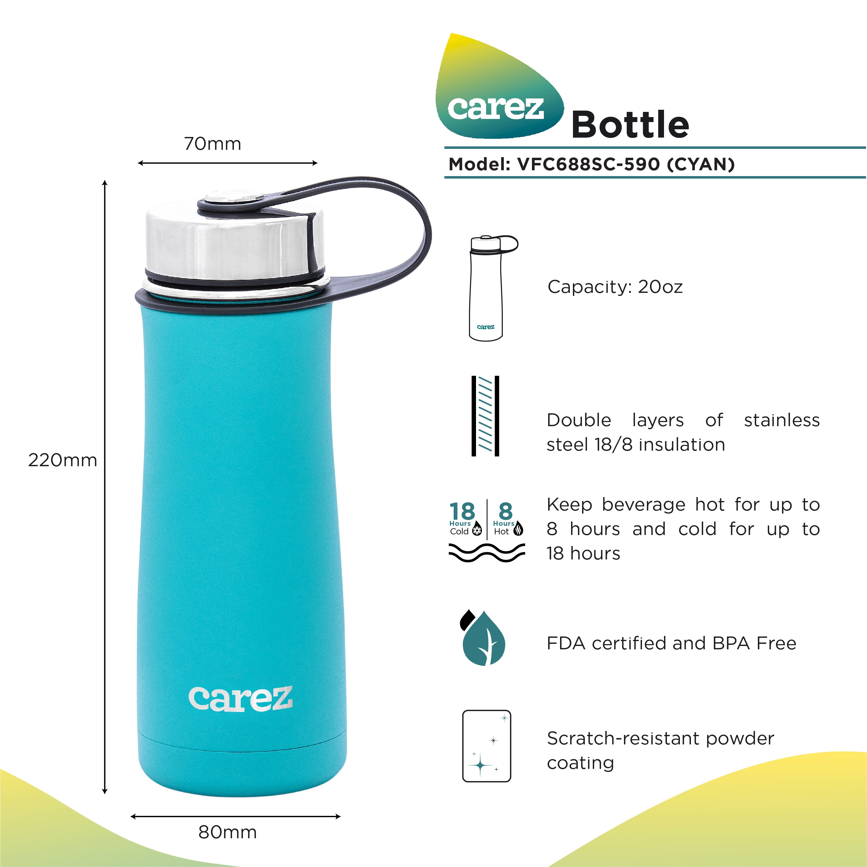 Carez vfc688sc-590-590ml Thermos bottle-304 stainless steel, BPA-free-hot for 8 hours and cold for up to 18 hours-authentic