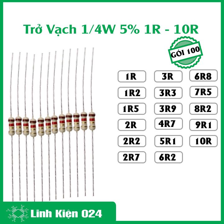 Gói 100 con trở vạch 1/4w 5% giá trị điện trở từ 1r - 10r