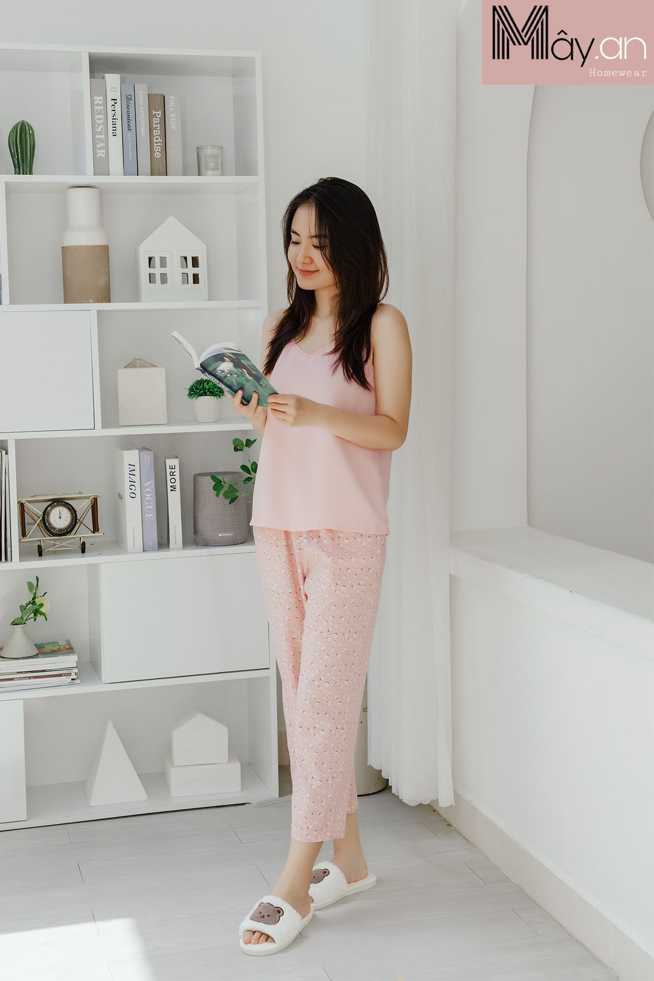 Đồ mặc nhà MÂY áo 2 dây lụa Hàn quốc quần dài lụa mango hoa nhí