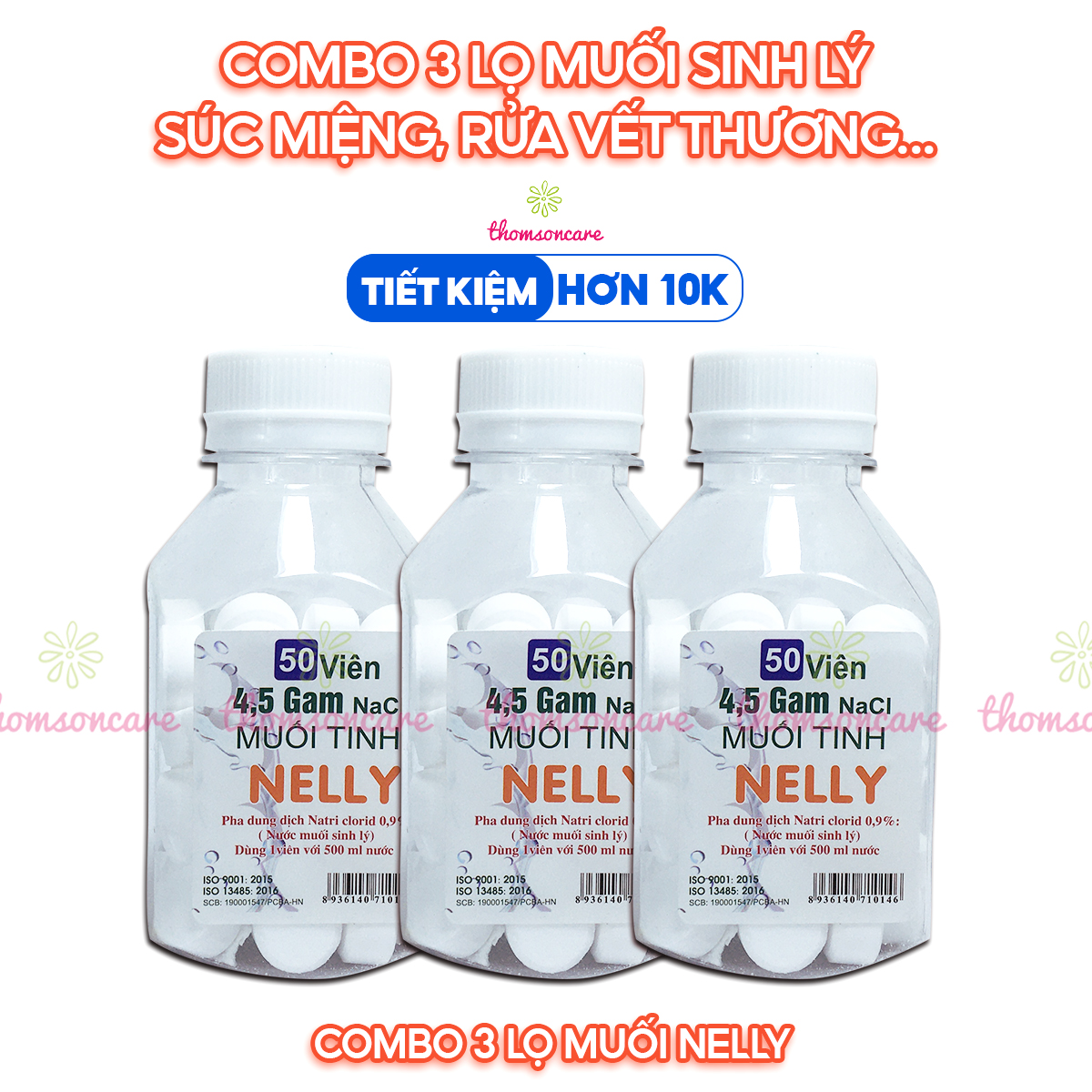 Muối viên tinh khiết NELLY - Hộp 50 viên muối sinh lý An phú, tự pha dùng súc miệng, rửa mũi, vết thương, sát khuẩn