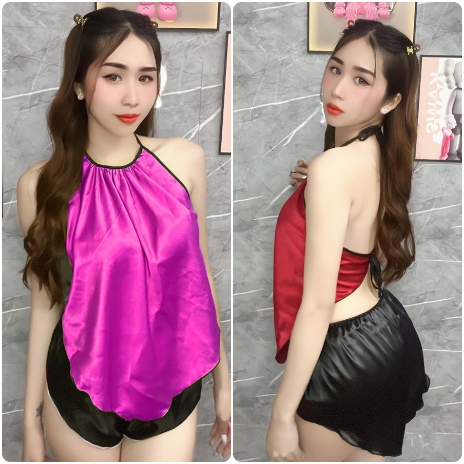 Đồ Bộ Ngắn Cổ Yếm Vải Phi Lụa Freesize Dưới 60kg