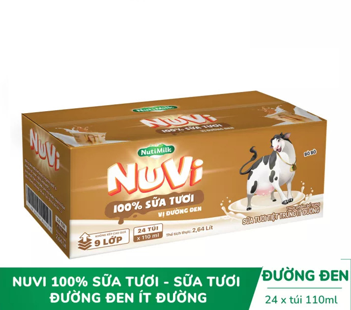 Thùng 24 túi NuVi 100% Sữa Tươi Sữa Tươi Tiệt Trùng Ít Đường Vị Đường Đen