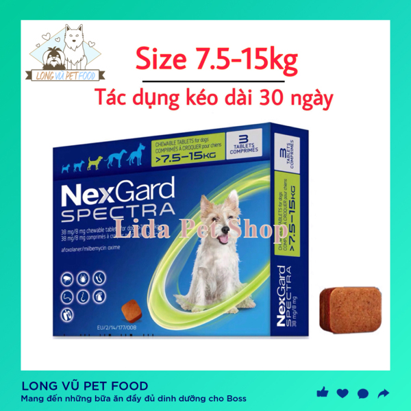 NEXGARD SPECTRA Th uốc trị ve ghẻ, bọ chét, demodex, tẩy giun cho chó - Lẻ 1 viên (size 7,5-15kg) - Long Vũ Pet Food