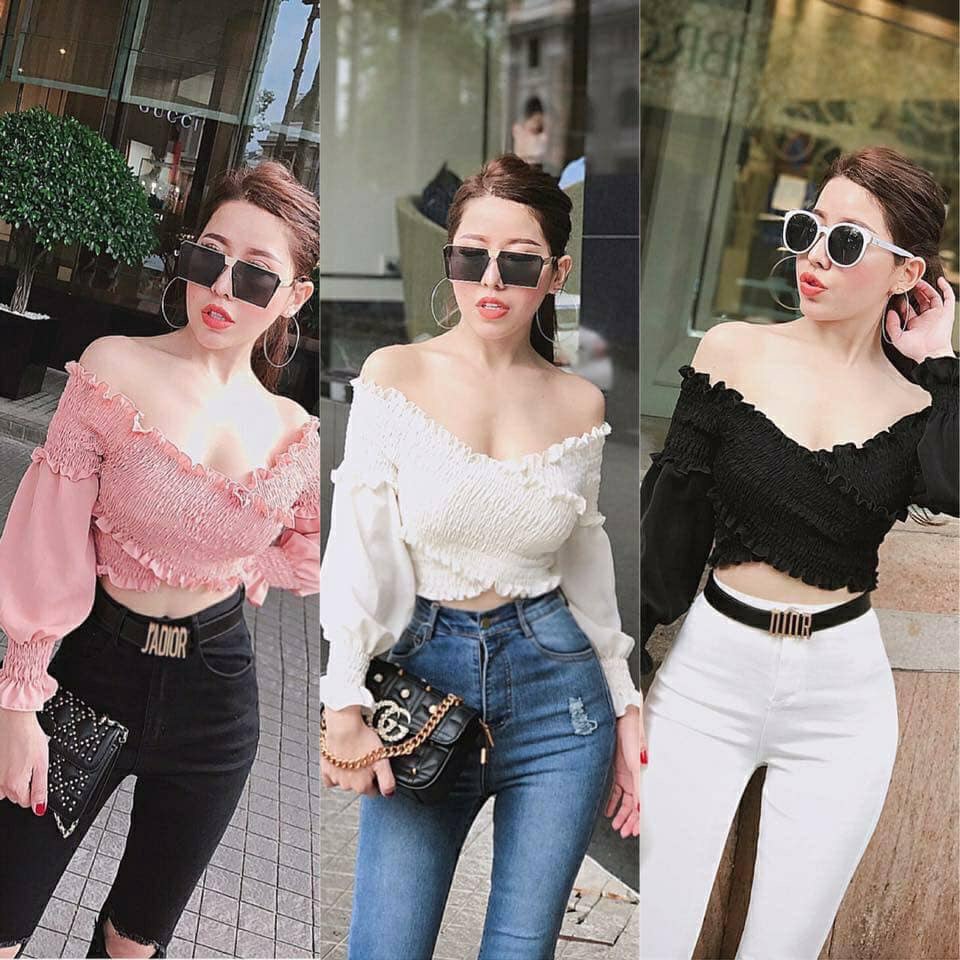 Áo voan trễ vai nhúm đắp chéo siêu hot