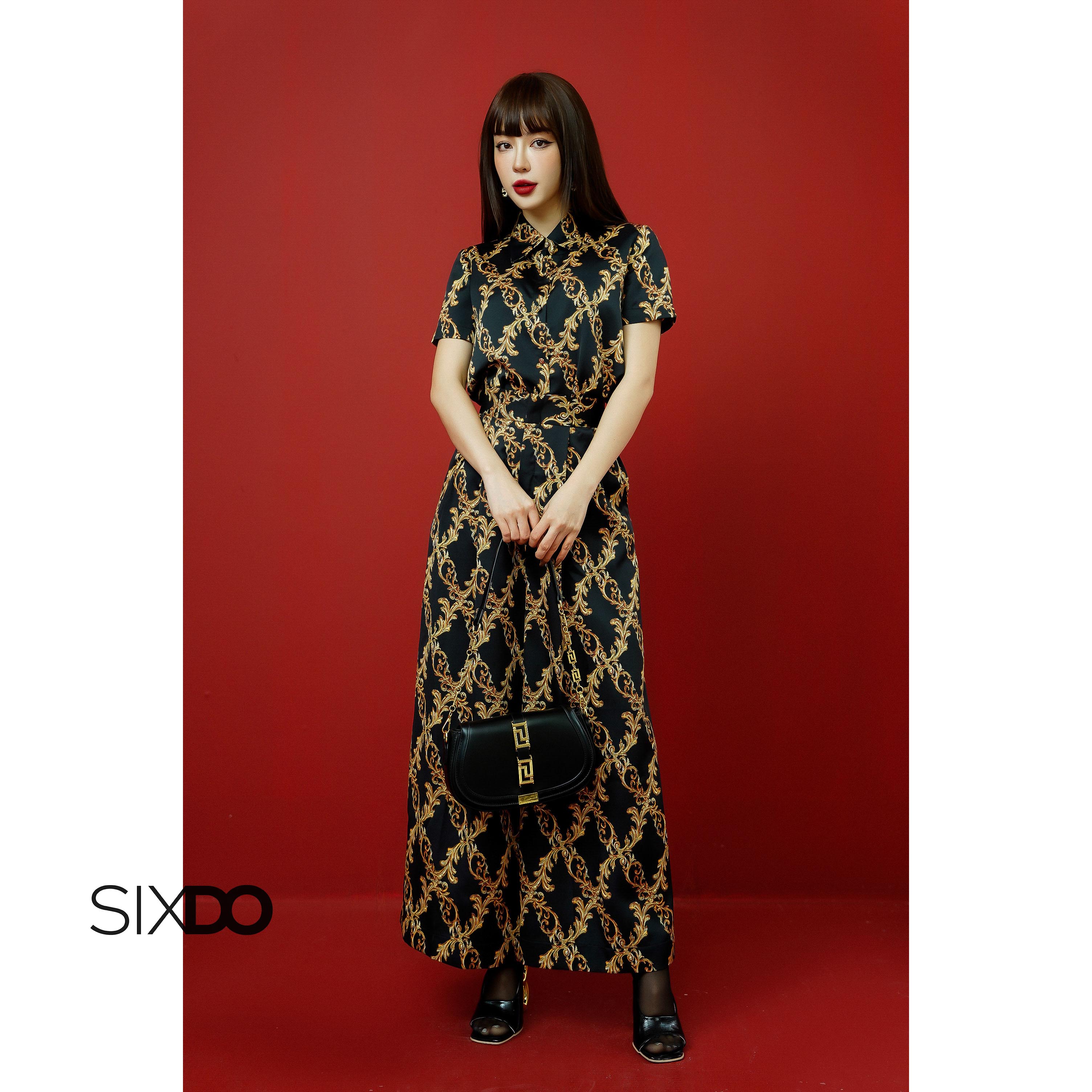 Quần lụa nữ ống rộng họa tiết baroque SIXDO (Black Baroque Print Wide Leg Silk Pants)