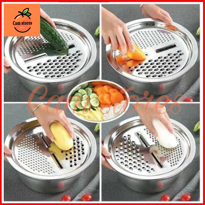 Bộ rổ inox kèm nạo rau củ inox 3 chi tiết, kèm rổ nạo inox cầm tay đa năng, cao cấp