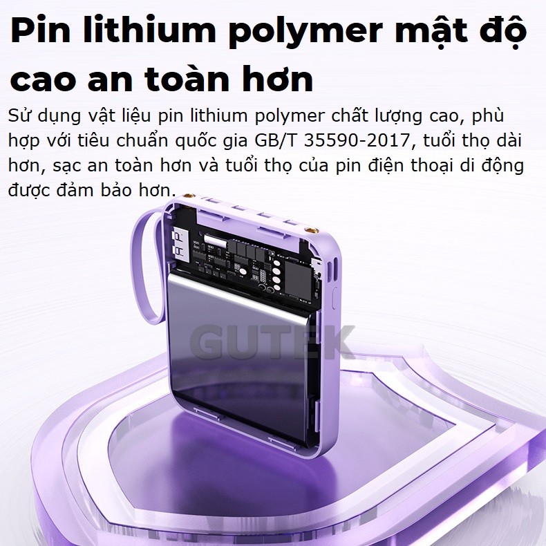 Sạc dự phòng 20000mAh Gutek P301 dung lượng pin lớn tích hợp dây sạc nhanh cho nhiều thiết bị điện thoại