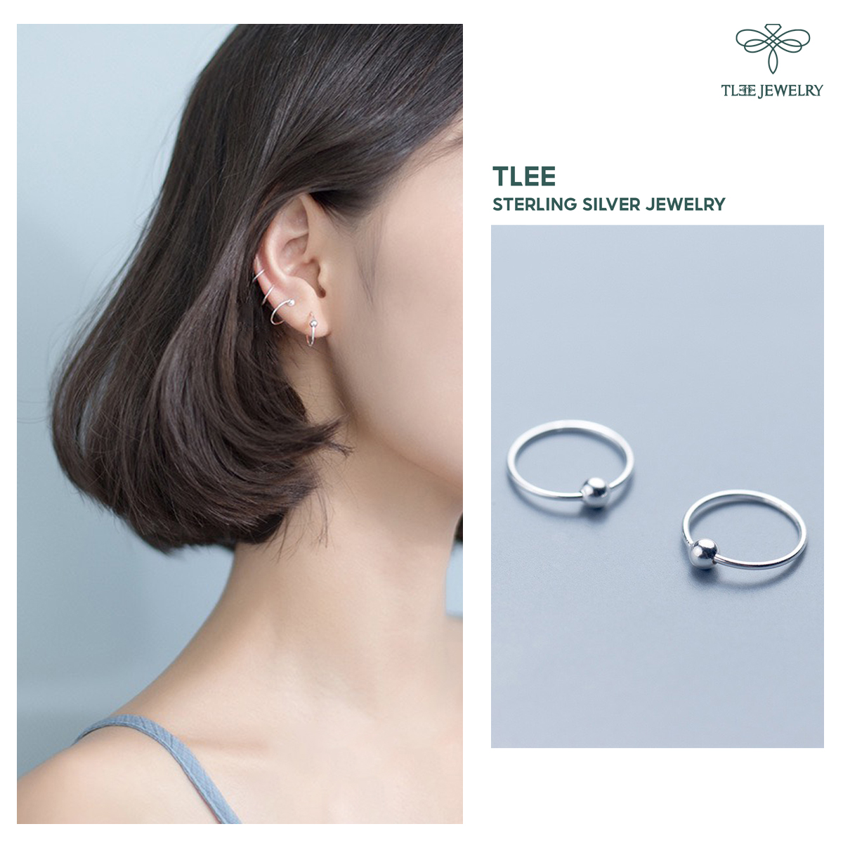 Khuyên tai bạc TLEE tròn mix một bi cố định basic TleeJewelry B0212