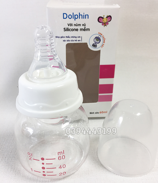 [Tặng 1 Núm Ty] Bình Sữa  Sơ Sinh Cổ Hẹp PC 60ml Dolphin - DPA017