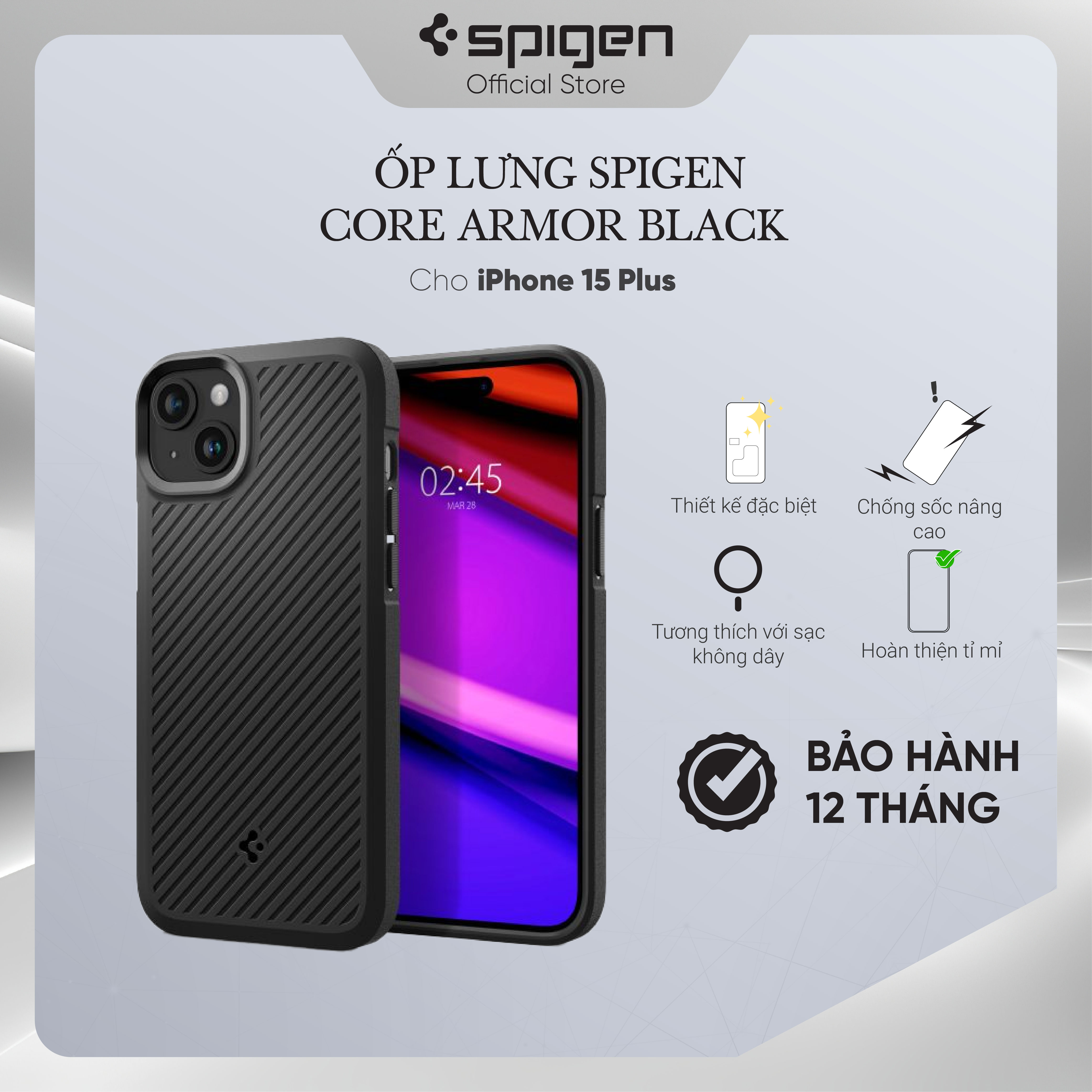 Ốp lưng cho iphone 15/ 15 plus/15 pro/ 15 pro max spigen core armor matte black - hàng chính hãng