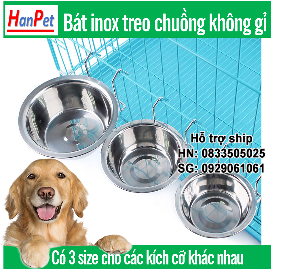 Hanpet - Bát ăn cho chó mèo - Bát inox treo chuồng có giá đỡ ( 3 size NHỎ, TRUNG, LỚN) ( 4711734) chén ăn uống cho chó mèo