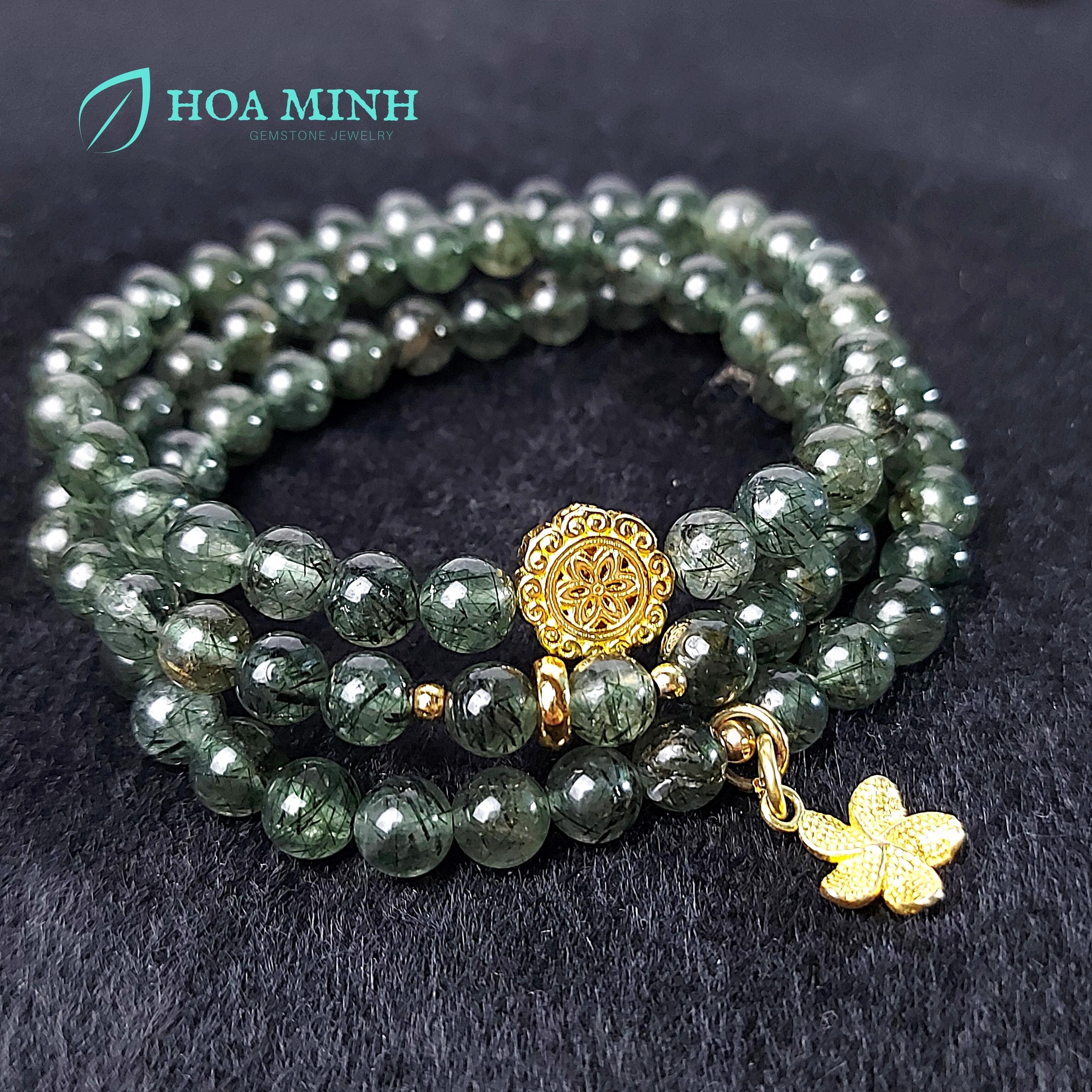 Vòng tay Thạch Anh Tóc Xanh 6 li thiên nhiên VIP phối charm vàng tài lộc, hợp phong thủy mệnh Mộc Hỏa | Hoa Minh Gem