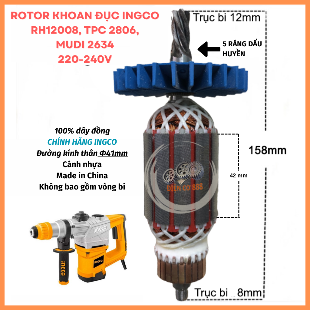 (Chính hãng) Rotor khoan đục INGCO RH12008, MUDI 2634, TPC 2806 220V - Tặng chổi than