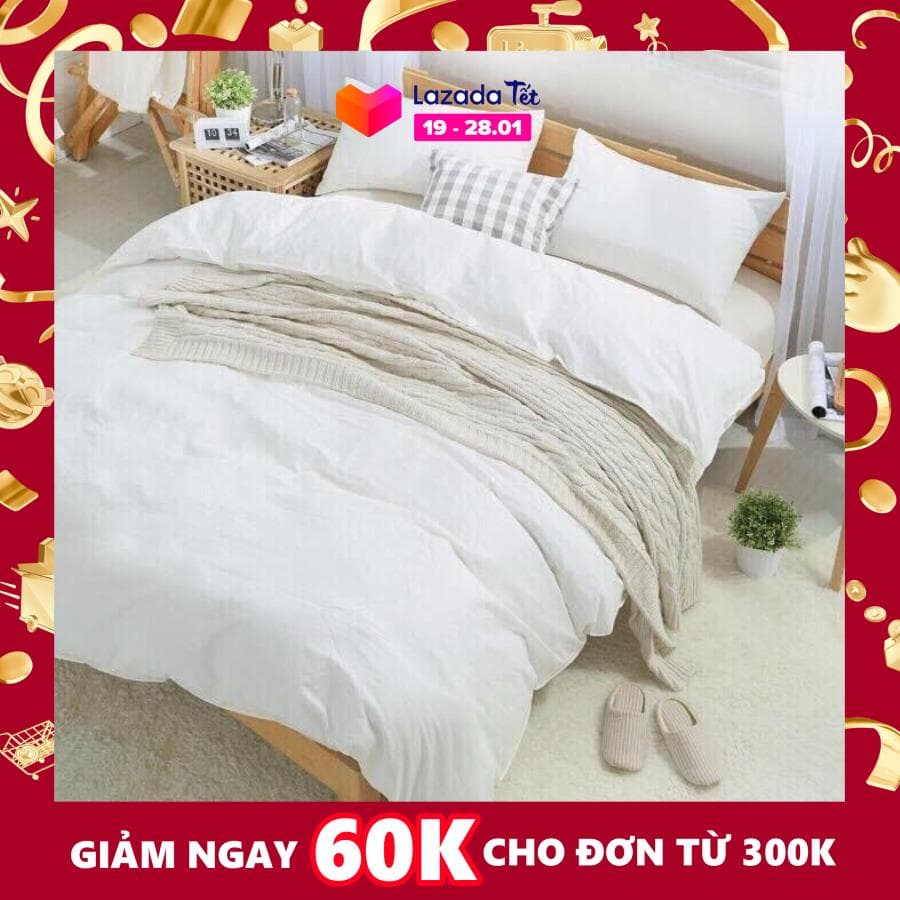 Bộ chăn ga gối phong cách Hàn Quốc basic trắng bo chun đủ kích thước
