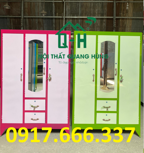 Tủ sắt đựng áo quần 3 cánh 2 ngăn kéo sơn dầu giá rẻ